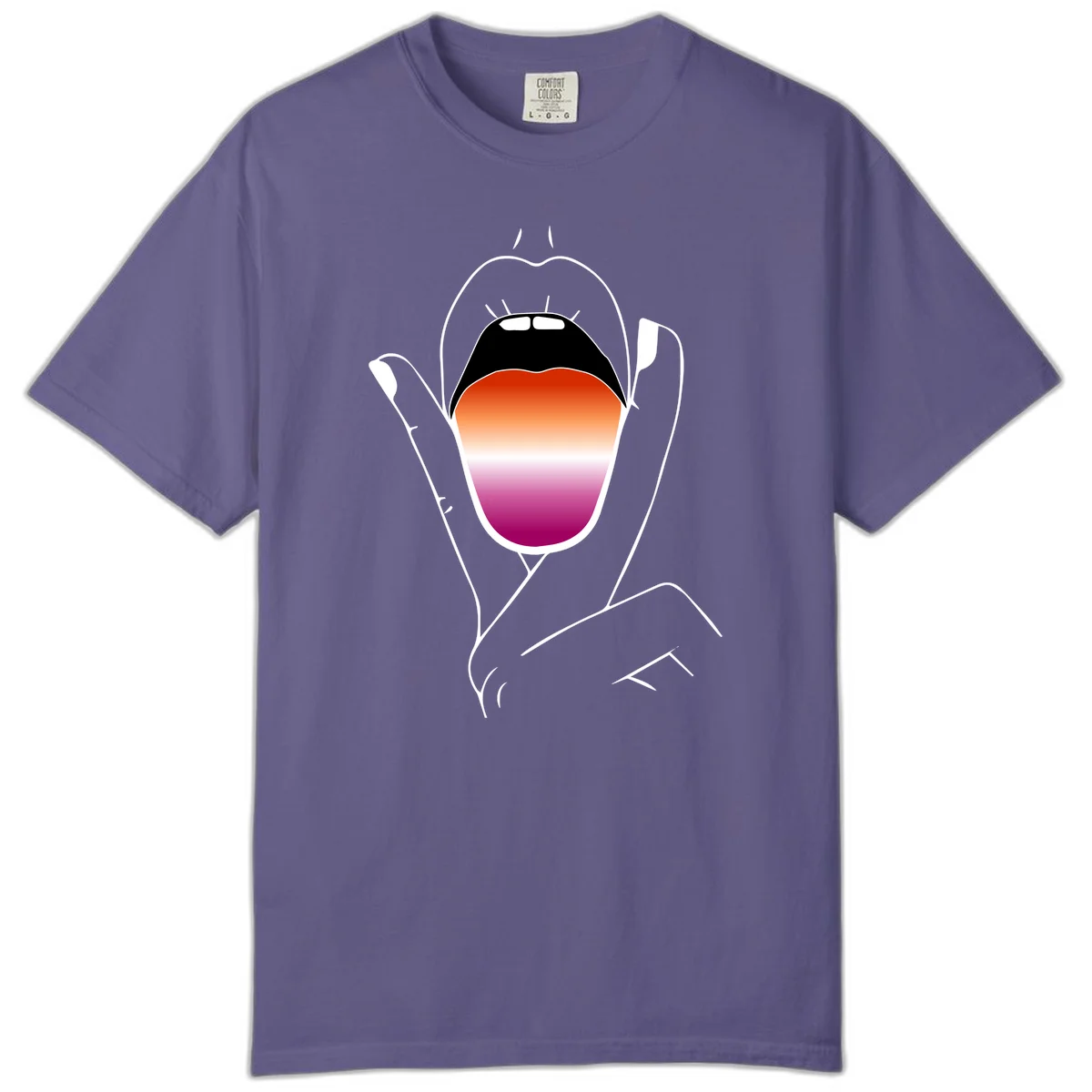 Minimalist line art of an open mouth with pride flag gradient colors, framed by hands with expressive details in Grape