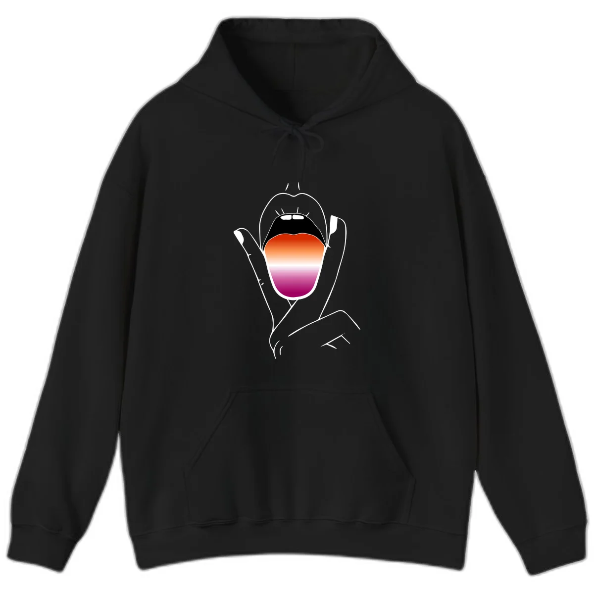 Minimalist line art of an open mouth with pride flag gradient colors, framed by hands with expressive details in Black