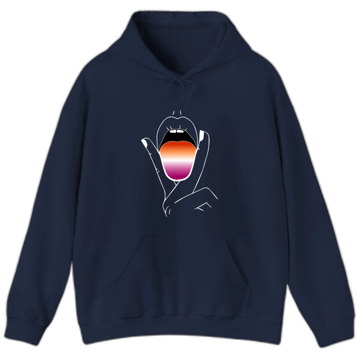 Minimalist line art of an open mouth with pride flag gradient colors, framed by hands with expressive details in Navy