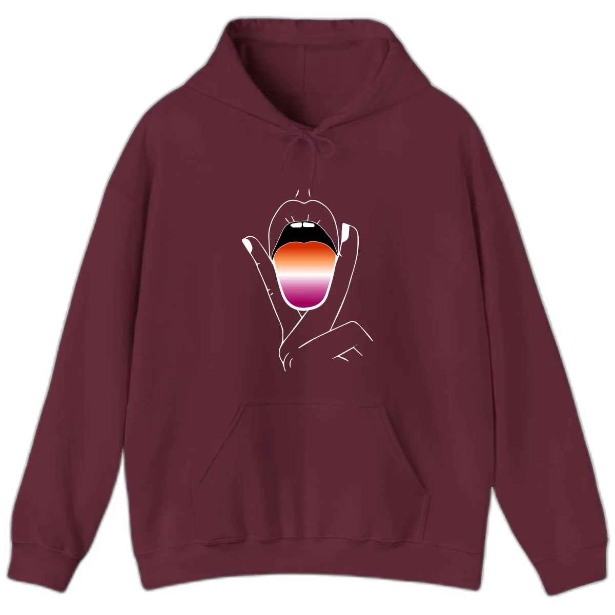 Minimalist line art of an open mouth with pride flag gradient colors, framed by hands with expressive details in Maroon