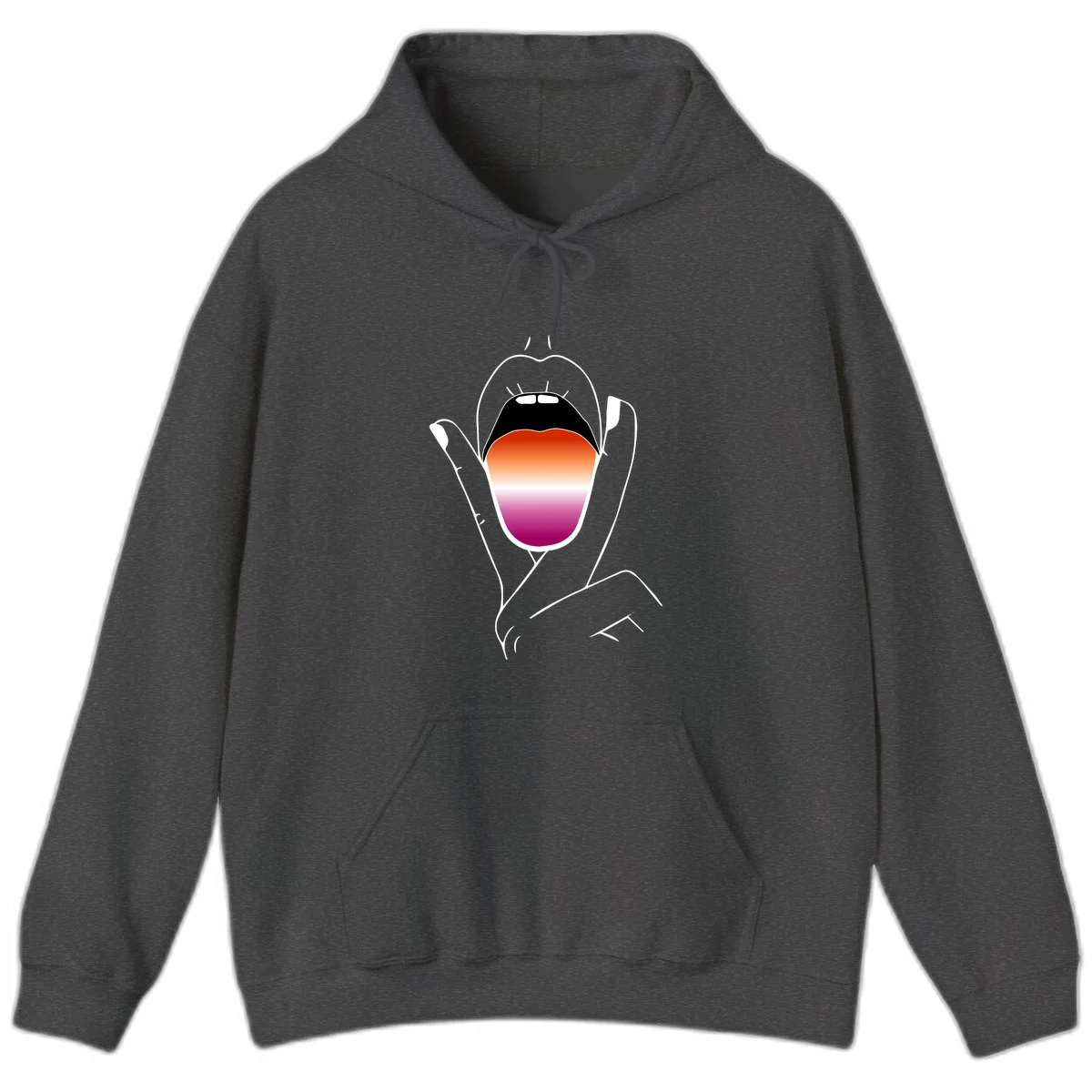 Minimalist line art of an open mouth with pride flag gradient colors, framed by hands with expressive details in Dark Heather