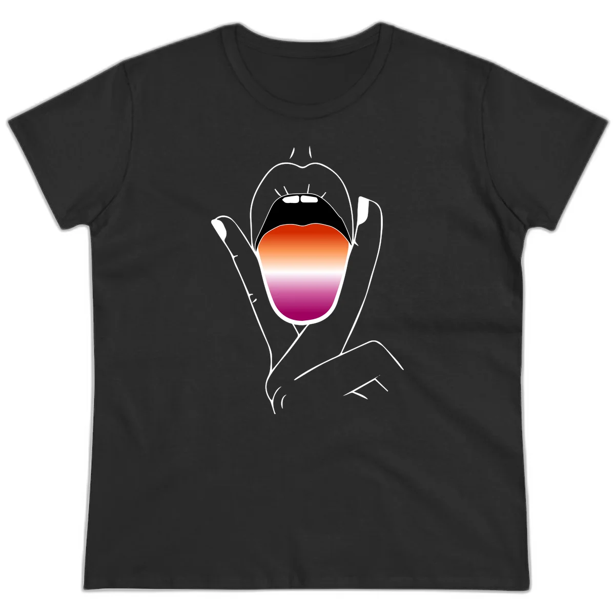 Minimalist line art of an open mouth with pride flag gradient colors, framed by hands with expressive details in Black