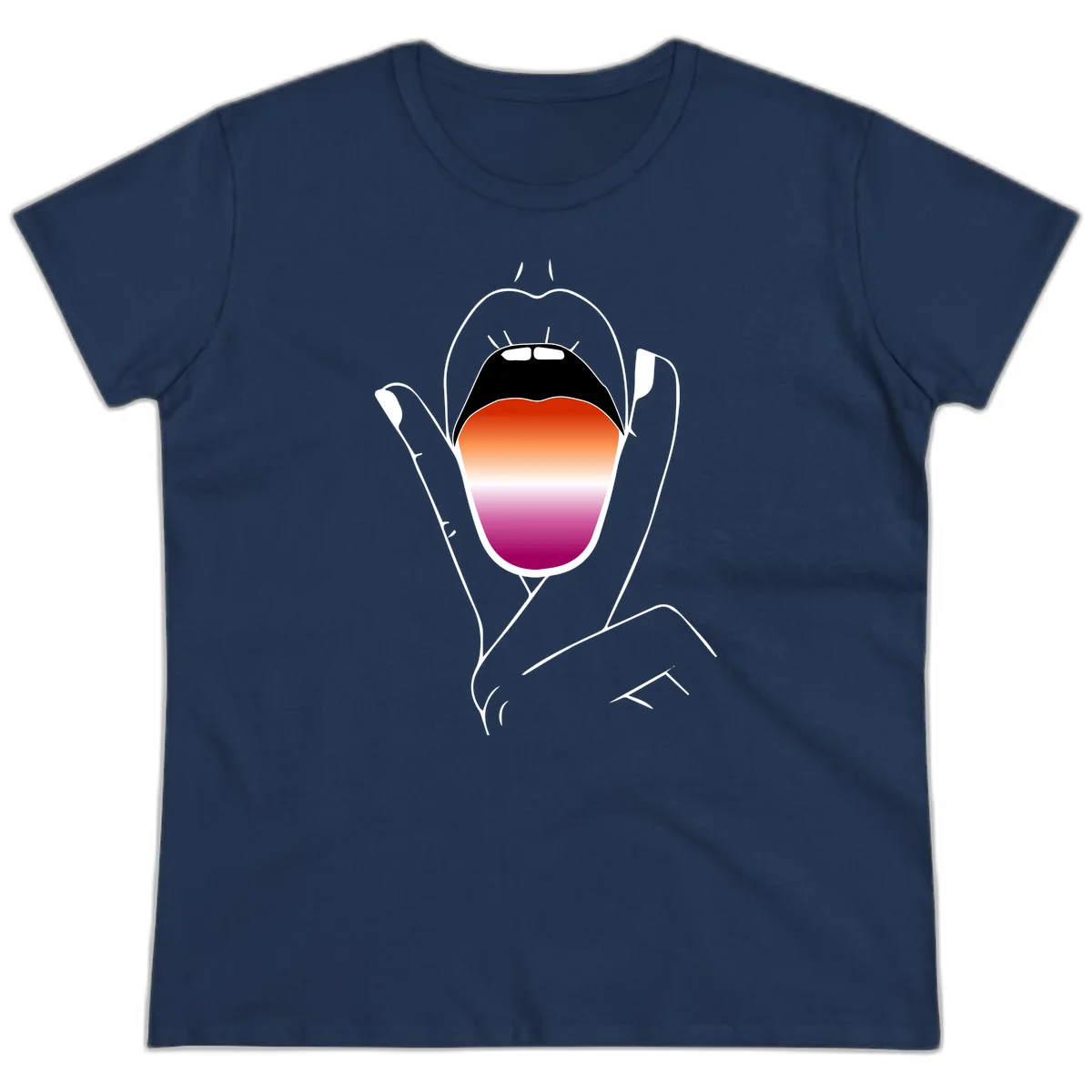 Minimalist line art of an open mouth with pride flag gradient colors, framed by hands with expressive details in Navy
