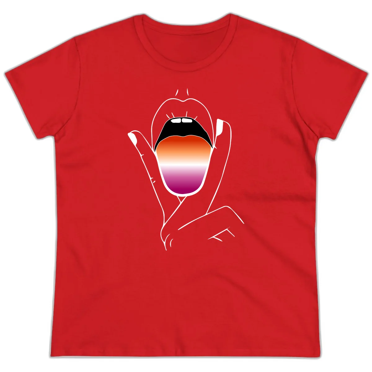 Minimalist line art of an open mouth with pride flag gradient colors, framed by hands with expressive details in Red