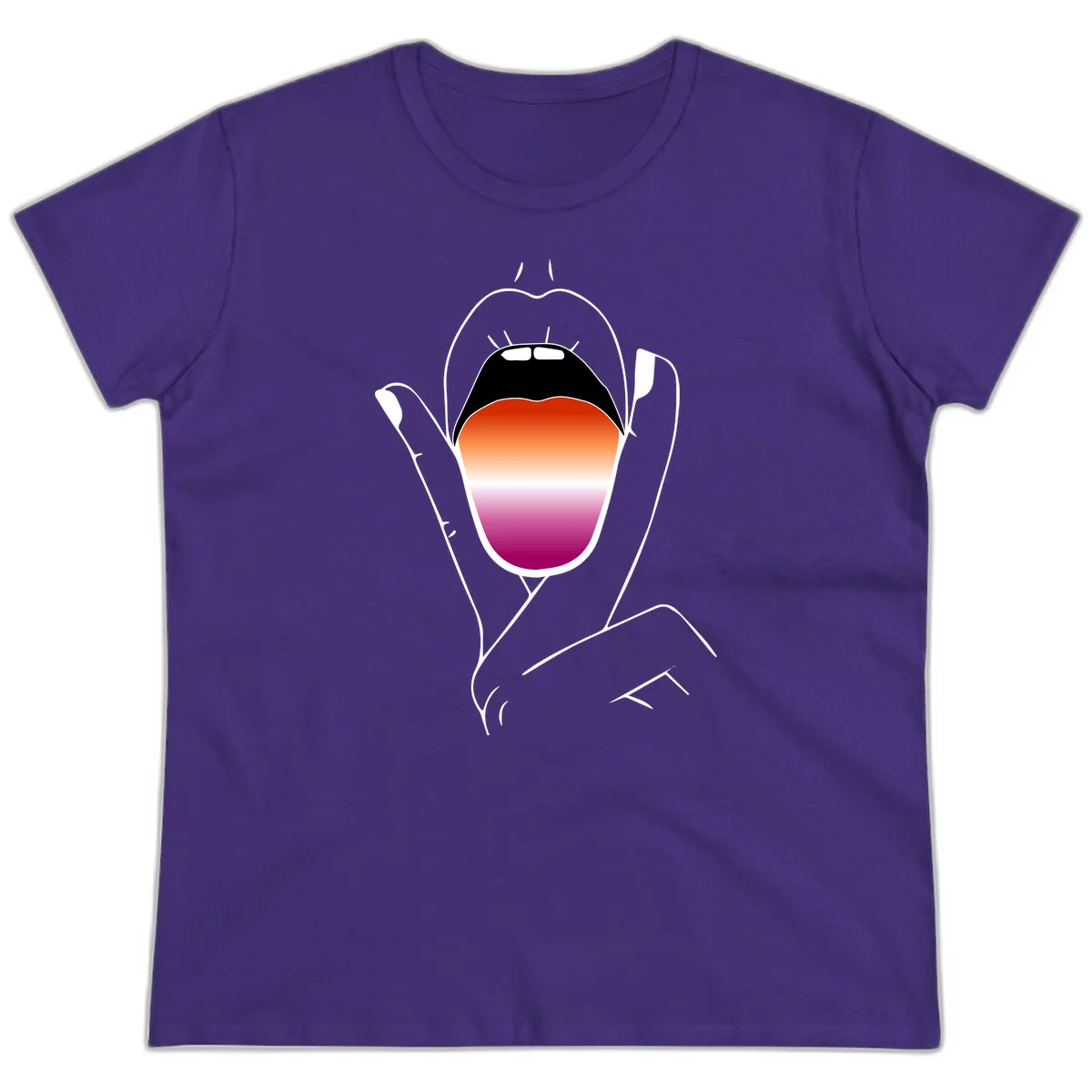 Minimalist line art of an open mouth with pride flag gradient colors, framed by hands with expressive details in Purple