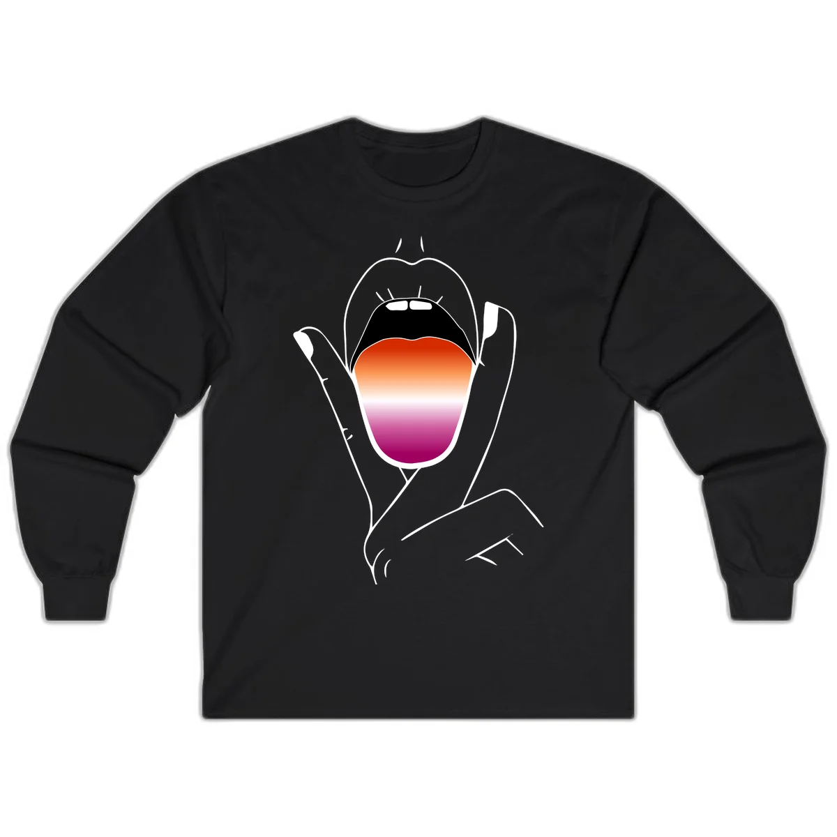 Minimalist line art of an open mouth with pride flag gradient colors, framed by hands with expressive details in Black
