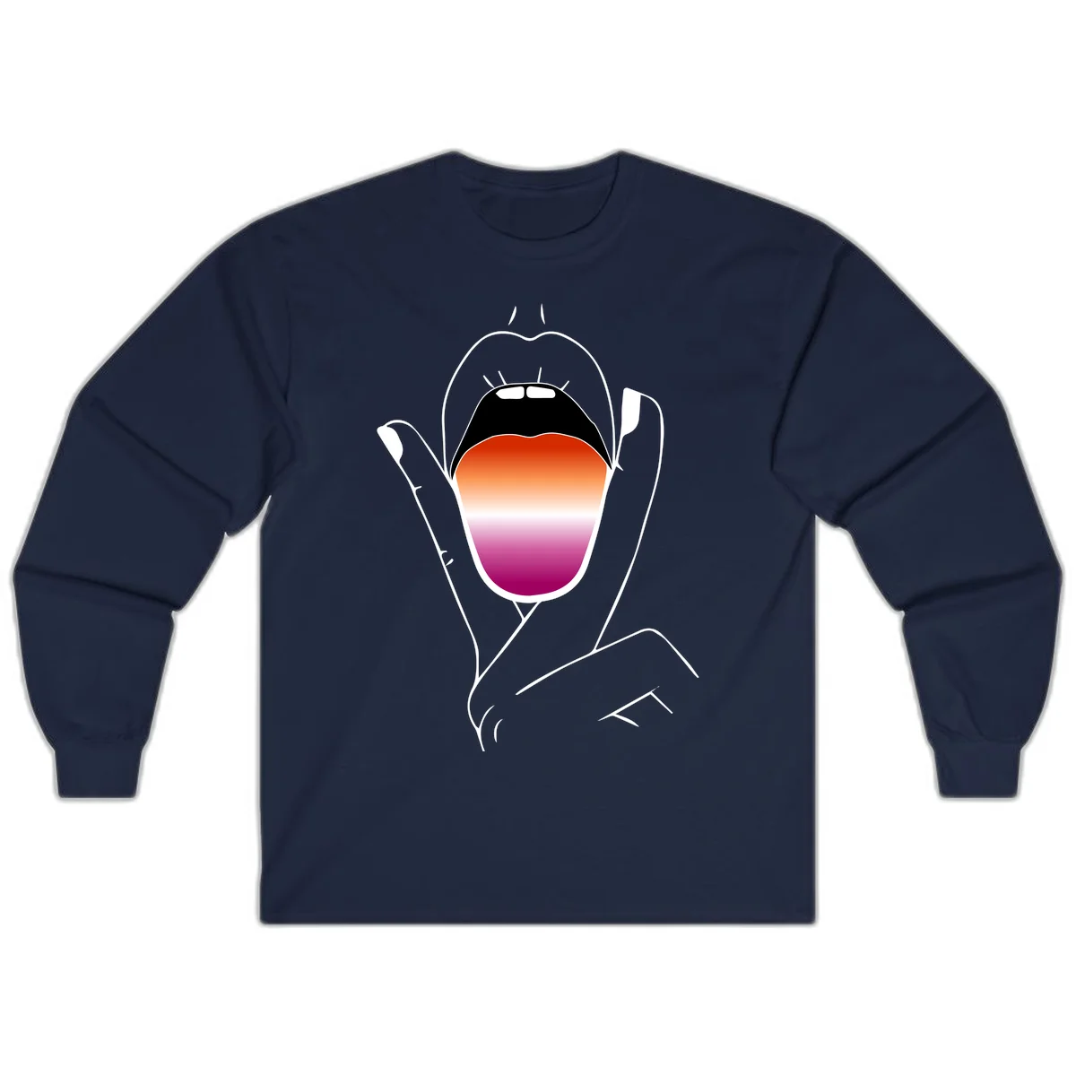 Minimalist line art of an open mouth with pride flag gradient colors, framed by hands with expressive details in Navy