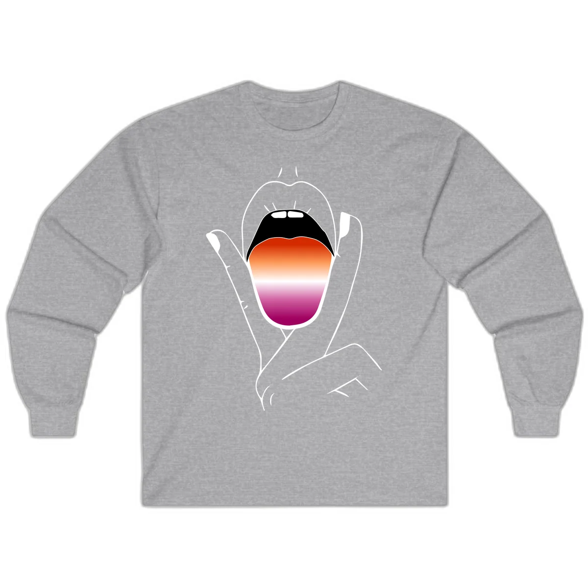 Minimalist line art of an open mouth with pride flag gradient colors, framed by hands with expressive details in Sport Grey