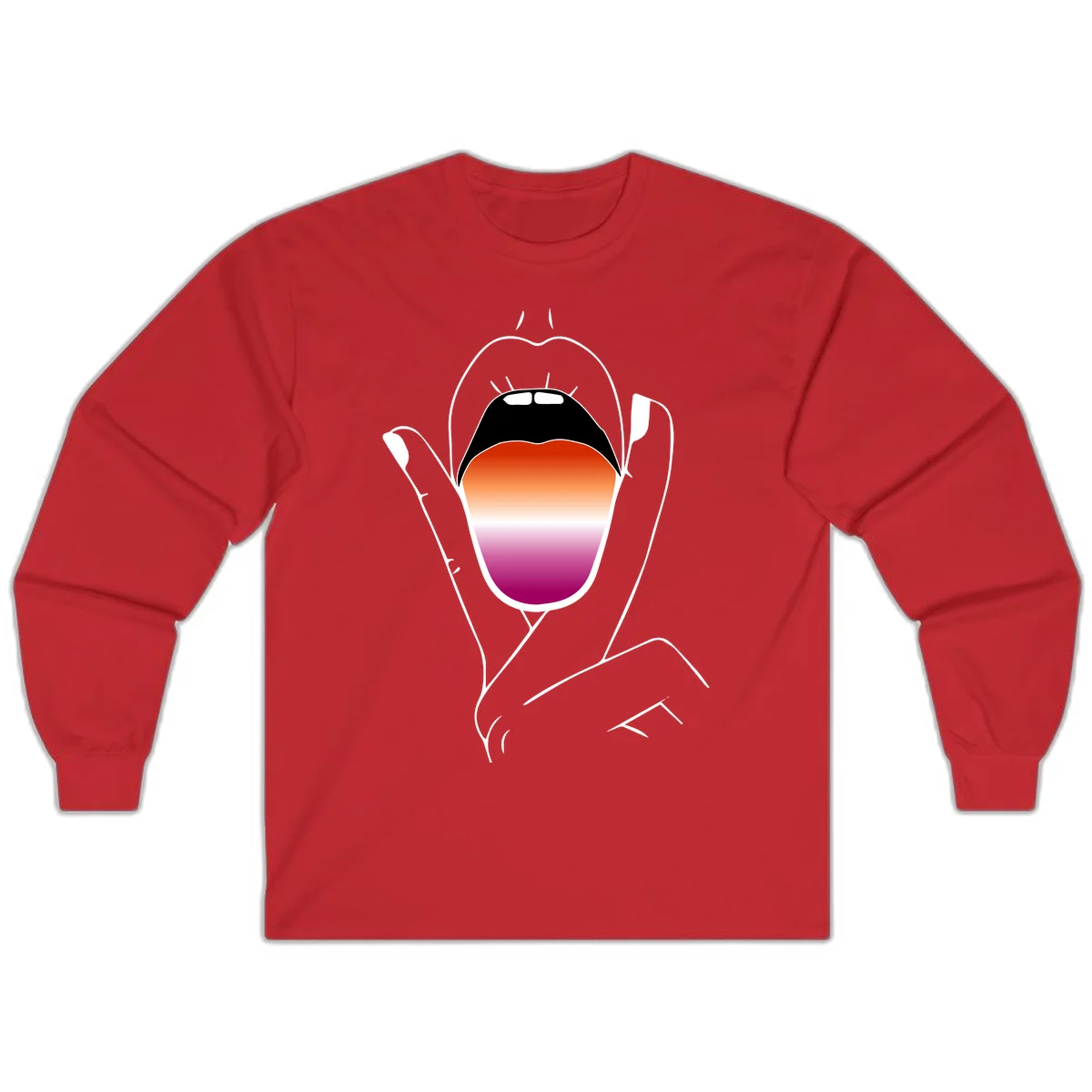 Minimalist line art of an open mouth with pride flag gradient colors, framed by hands with expressive details in Red