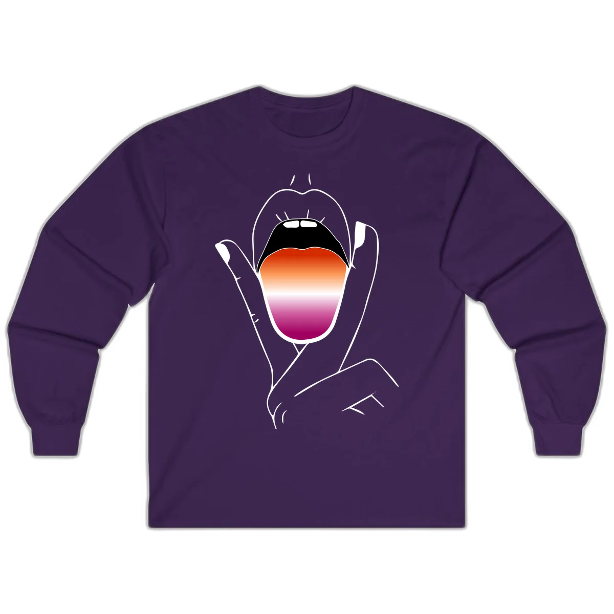 Minimalist line art of an open mouth with pride flag gradient colors, framed by hands with expressive details in Purple