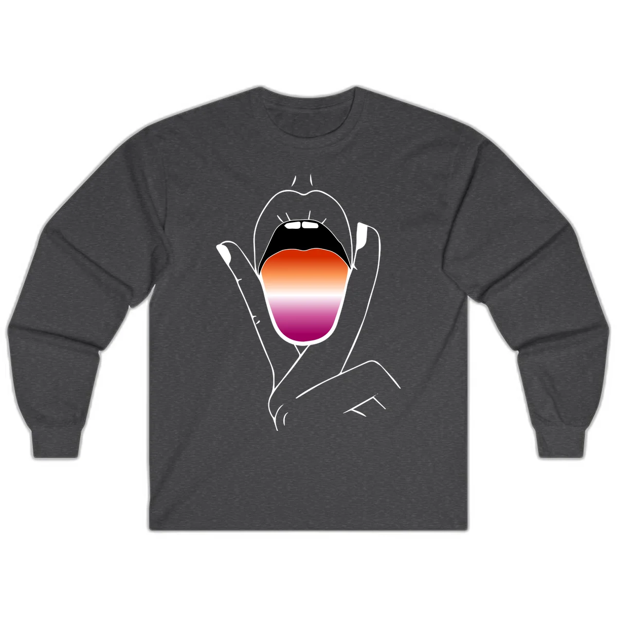 Minimalist line art of an open mouth with pride flag gradient colors, framed by hands with expressive details in Dark Heather