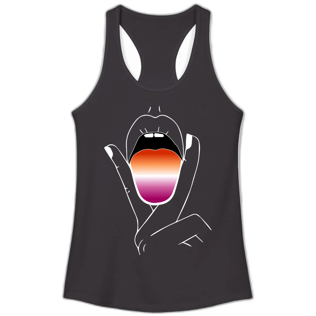 Minimalist line art of an open mouth with pride flag gradient colors, framed by hands with expressive details in Black