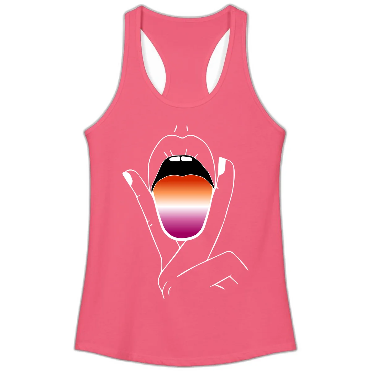 Minimalist line art of an open mouth with pride flag gradient colors, framed by hands with expressive details in Hot Pink