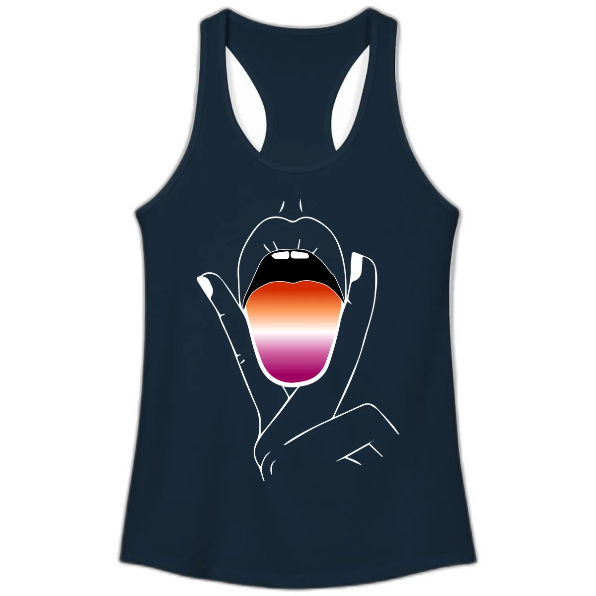 Minimalist line art of an open mouth with pride flag gradient colors, framed by hands with expressive details in Solid Midnight Navy