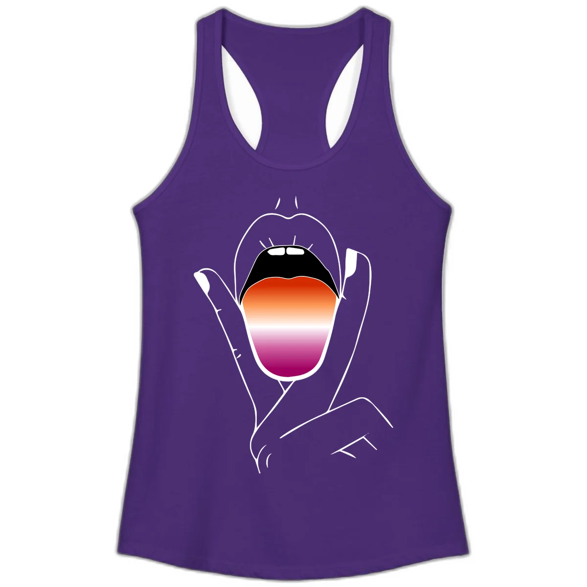 Minimalist line art of an open mouth with pride flag gradient colors, framed by hands with expressive details in Solid Purple Rush