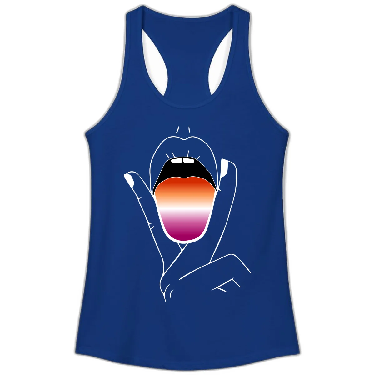 Minimalist line art of an open mouth with pride flag gradient colors, framed by hands with expressive details in Solid Royal