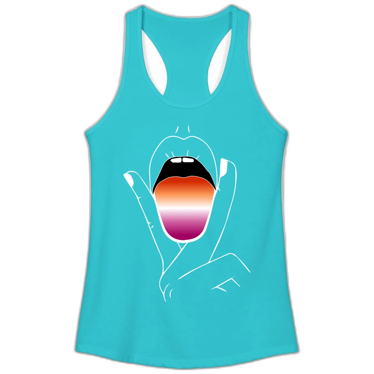 Minimalist line art of an open mouth with pride flag gradient colors, framed by hands with expressive details in Solid Tahiti Blue