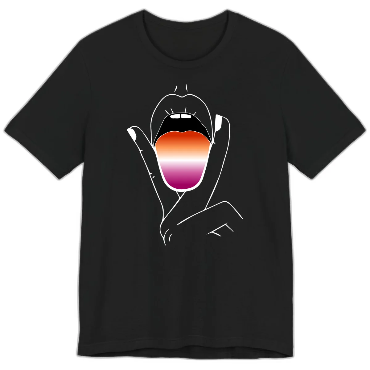 Minimalist line art of an open mouth with pride flag gradient colors, framed by hands with expressive details in Black