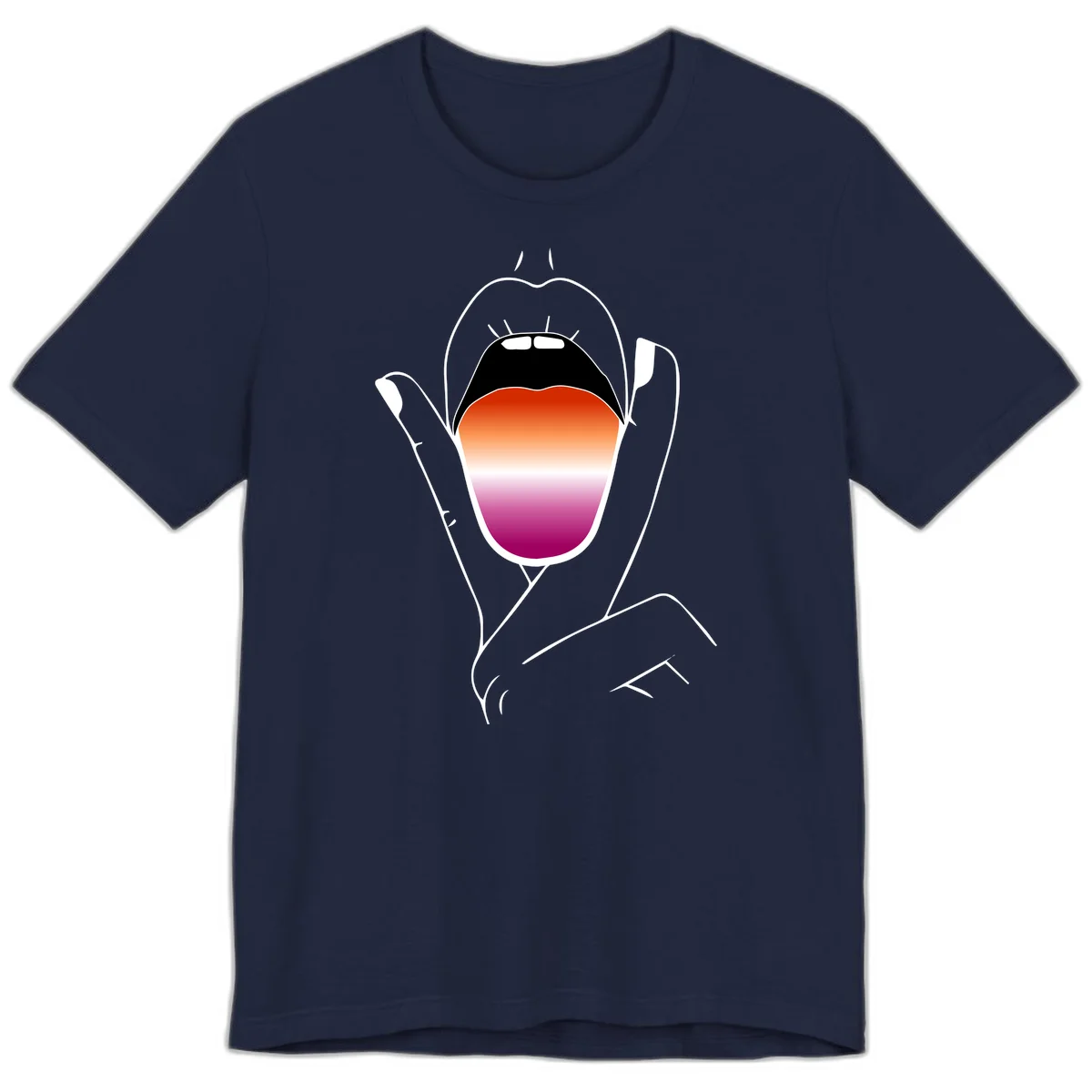 Minimalist line art of an open mouth with pride flag gradient colors, framed by hands with expressive details in Navy