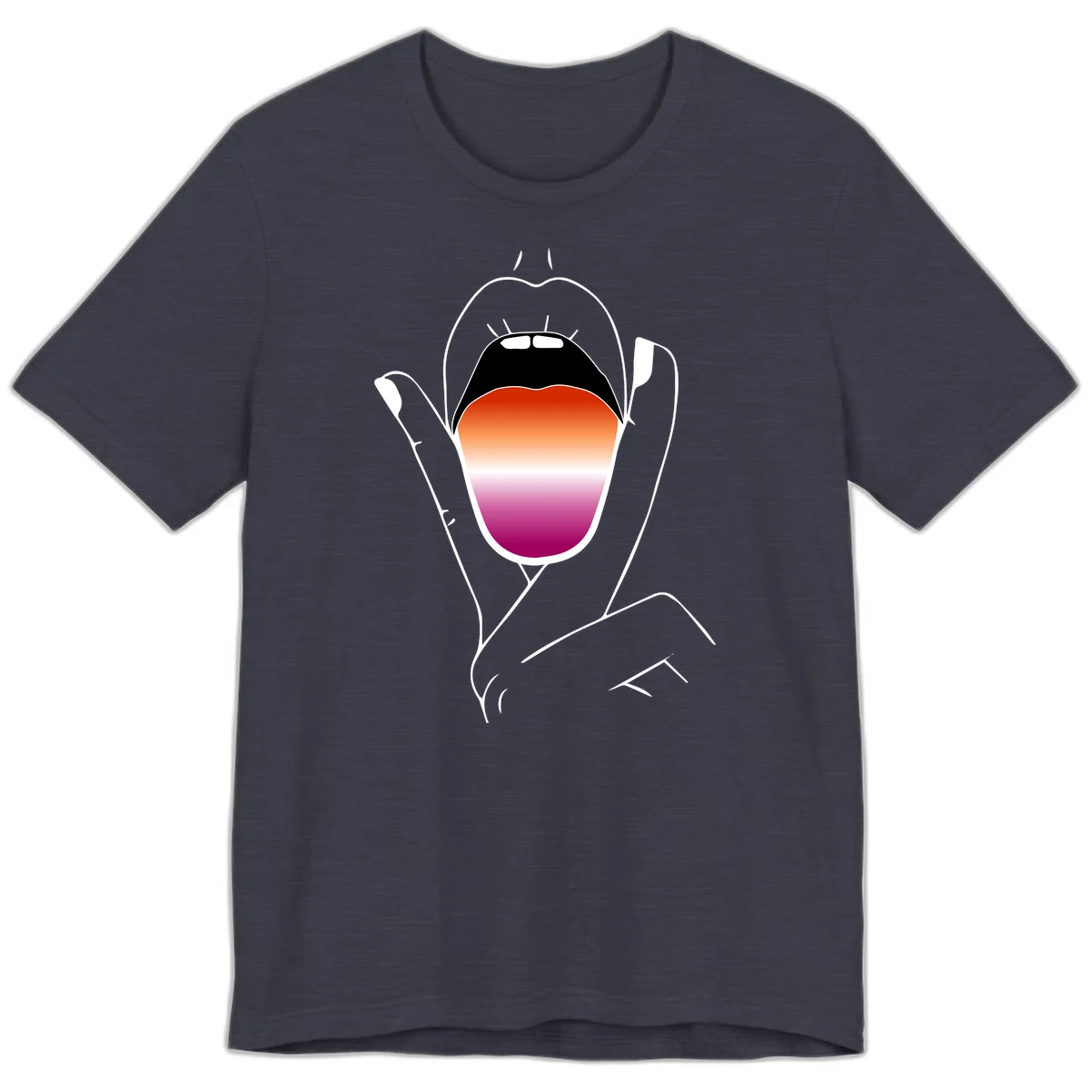 Minimalist line art of an open mouth with pride flag gradient colors, framed by hands with expressive details in Heather Midnight Navy