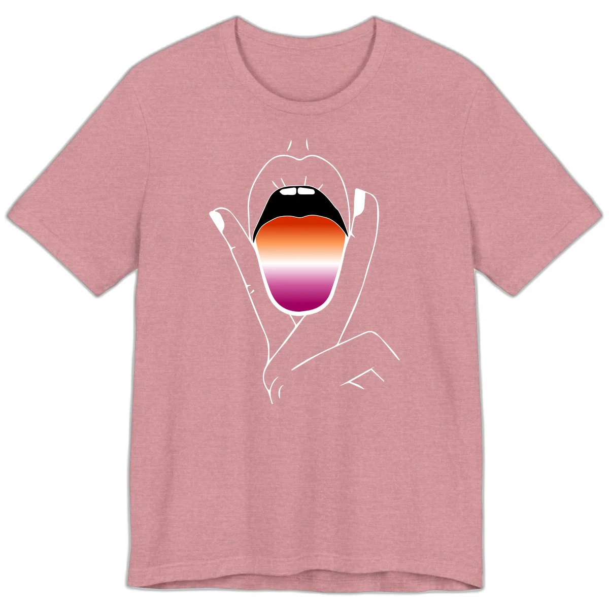 Minimalist line art of an open mouth with pride flag gradient colors, framed by hands with expressive details in Heather Orchid