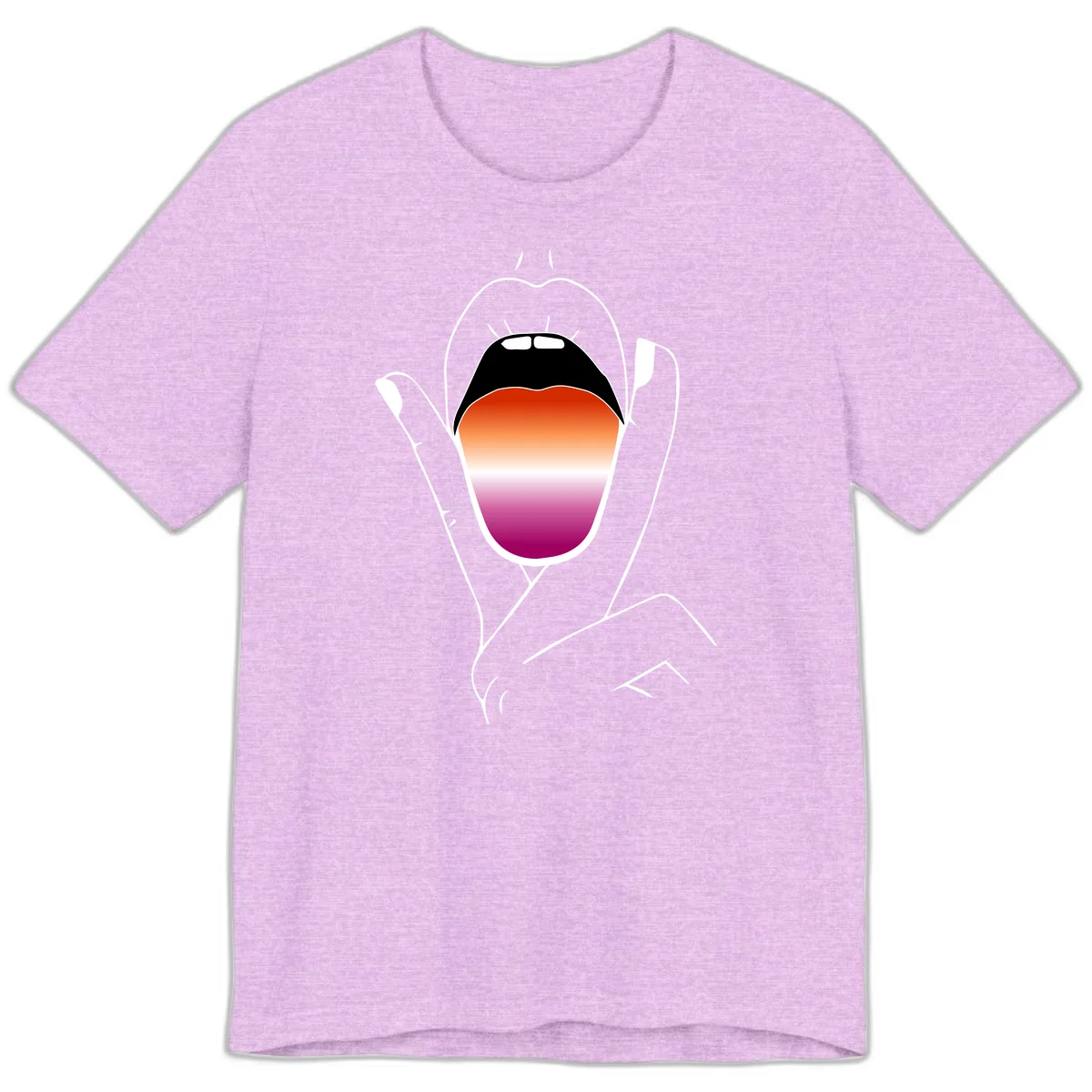Minimalist line art of an open mouth with pride flag gradient colors, framed by hands with expressive details in Heather Prism Lilac