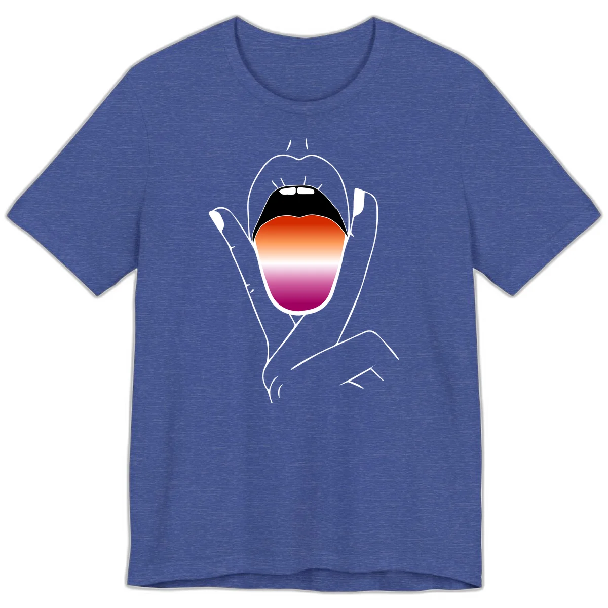 Minimalist line art of an open mouth with pride flag gradient colors, framed by hands with expressive details in Heather True Royal