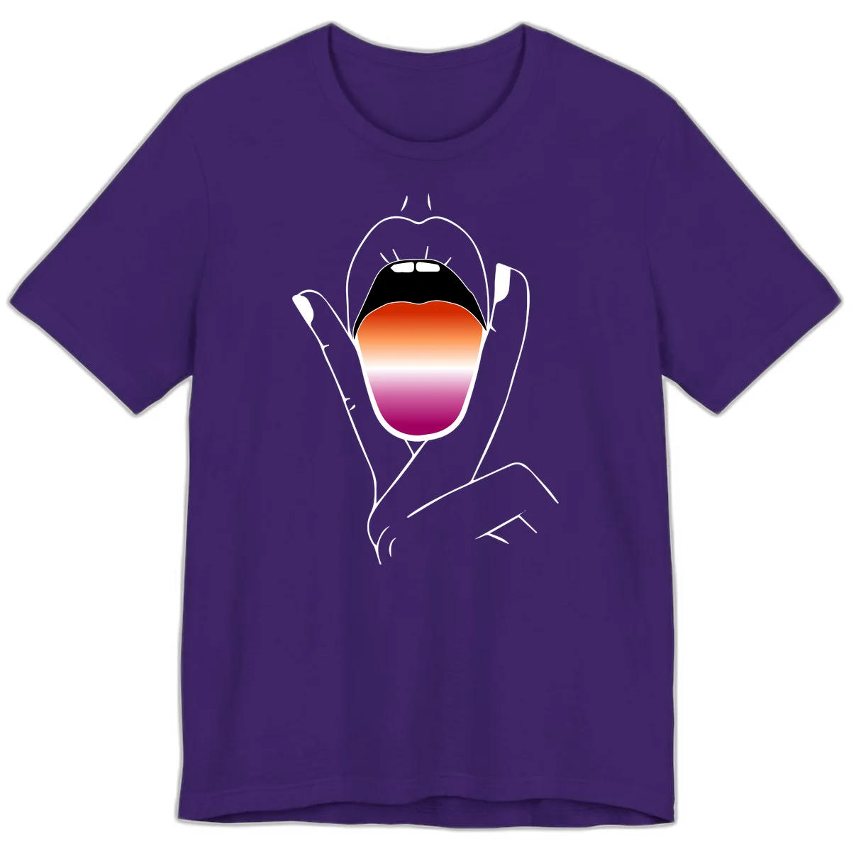 Minimalist line art of an open mouth with pride flag gradient colors, framed by hands with expressive details in Team Purple