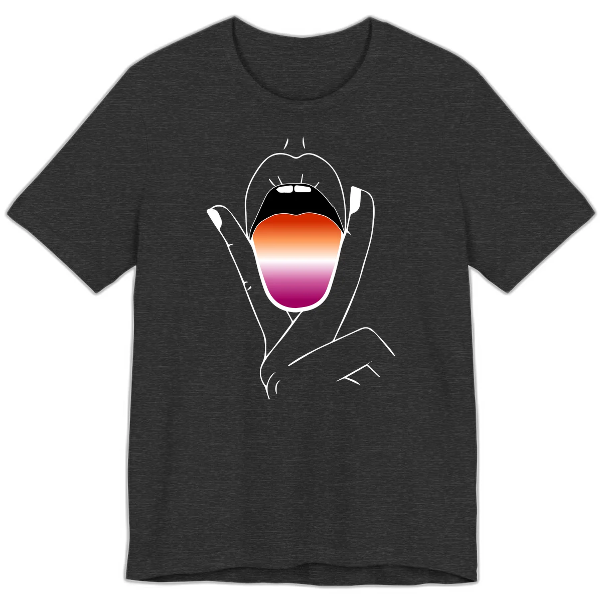 Minimalist line art of an open mouth with pride flag gradient colors, framed by hands with expressive details in Dark Grey Heather