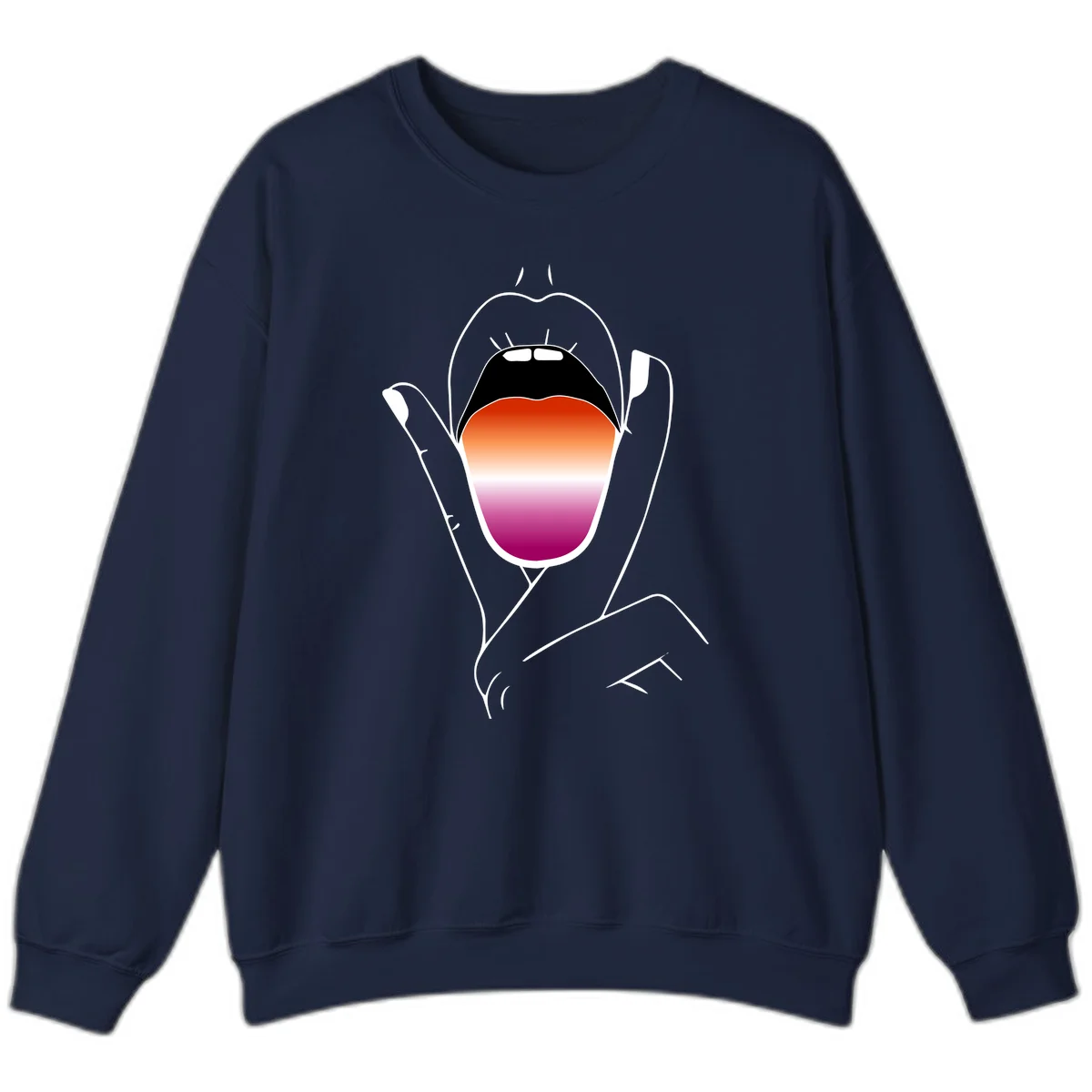 Minimalist line art of an open mouth with pride flag gradient colors, framed by hands with expressive details in Navy