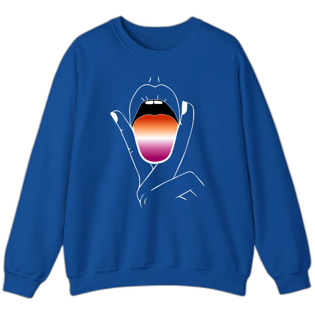 Minimalist line art of an open mouth with pride flag gradient colors, framed by hands with expressive details in Royal