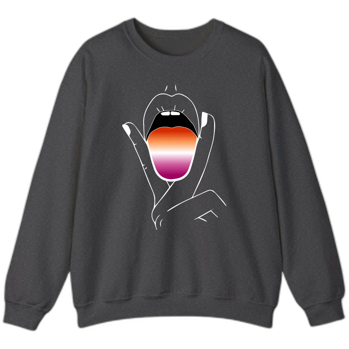 Minimalist line art of an open mouth with pride flag gradient colors, framed by hands with expressive details in Dark Heather