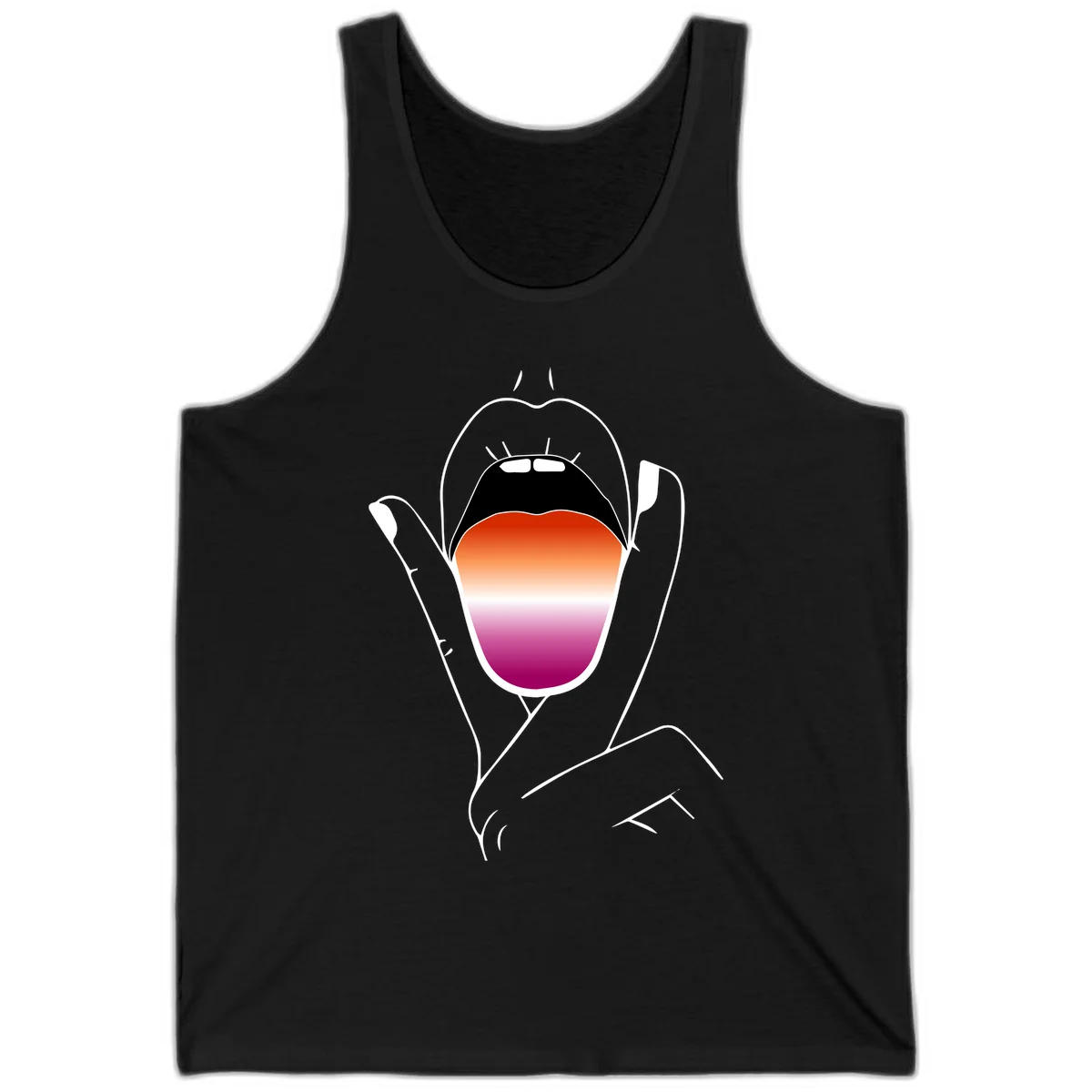 Minimalist line art of an open mouth with pride flag gradient colors, framed by hands with expressive details in Black