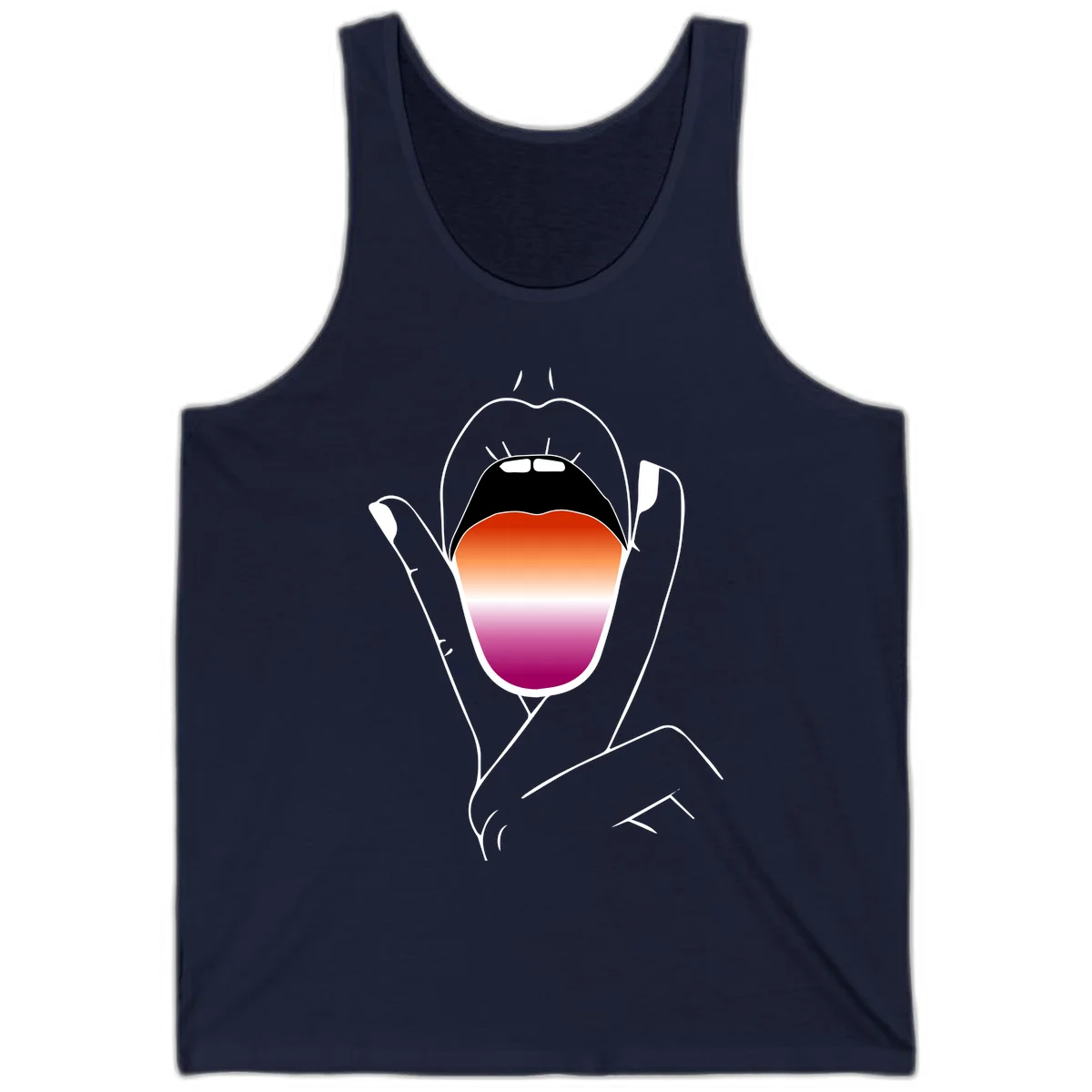 Minimalist line art of an open mouth with pride flag gradient colors, framed by hands with expressive details in Navy