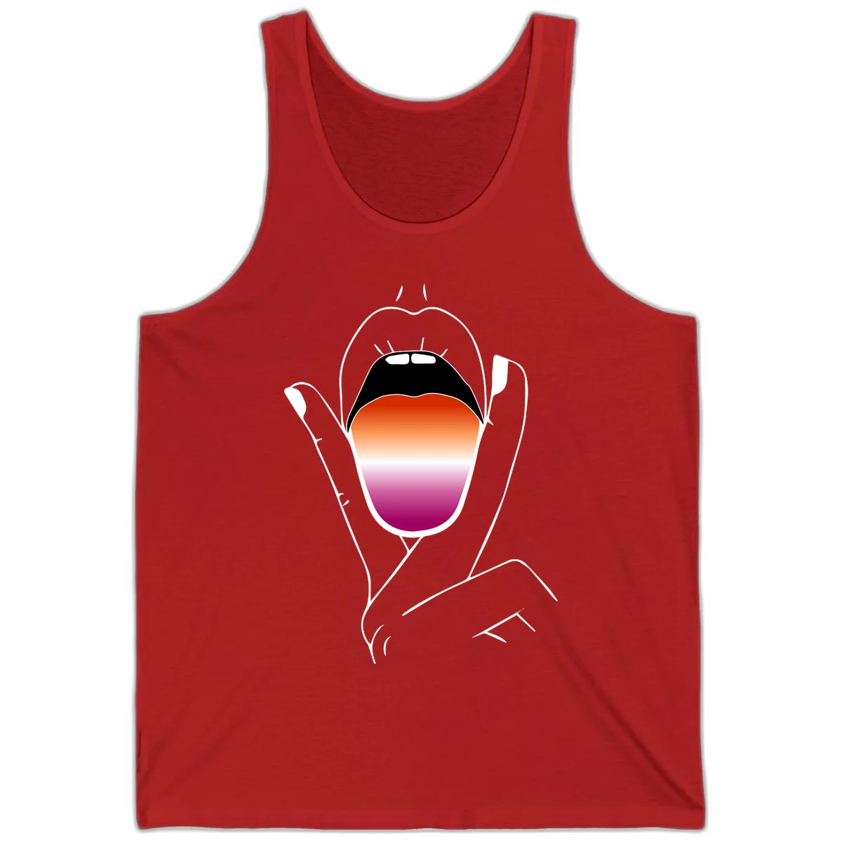 Minimalist line art of an open mouth with pride flag gradient colors, framed by hands with expressive details in Red