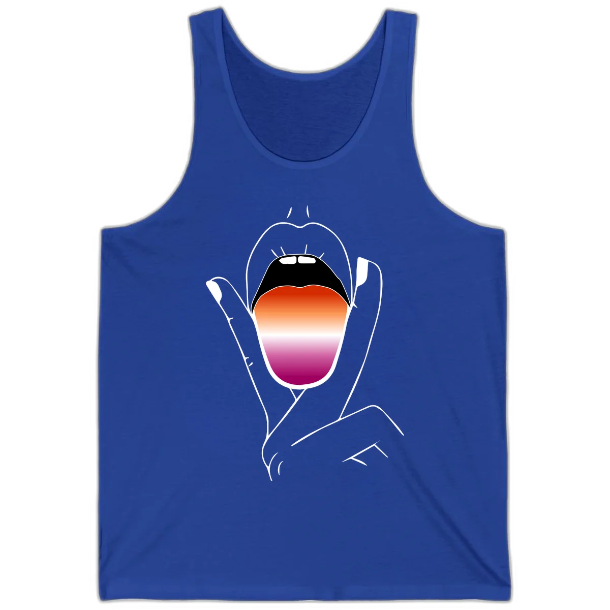 Minimalist line art of an open mouth with pride flag gradient colors, framed by hands with expressive details in True Royal