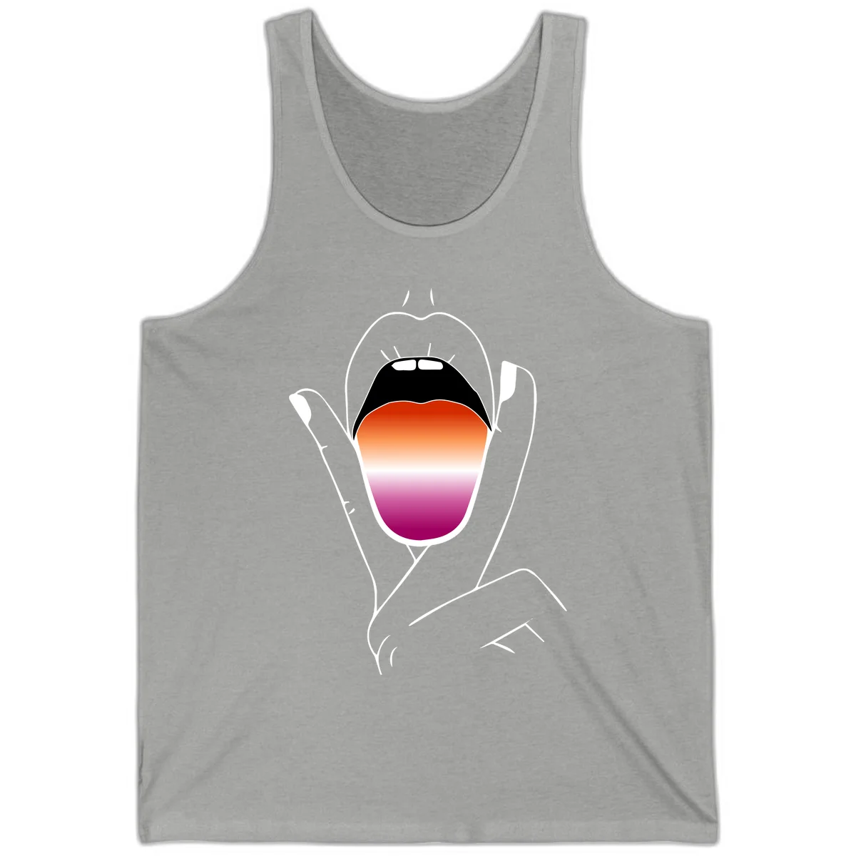 Minimalist line art of an open mouth with pride flag gradient colors, framed by hands with expressive details in Athletic Heather
