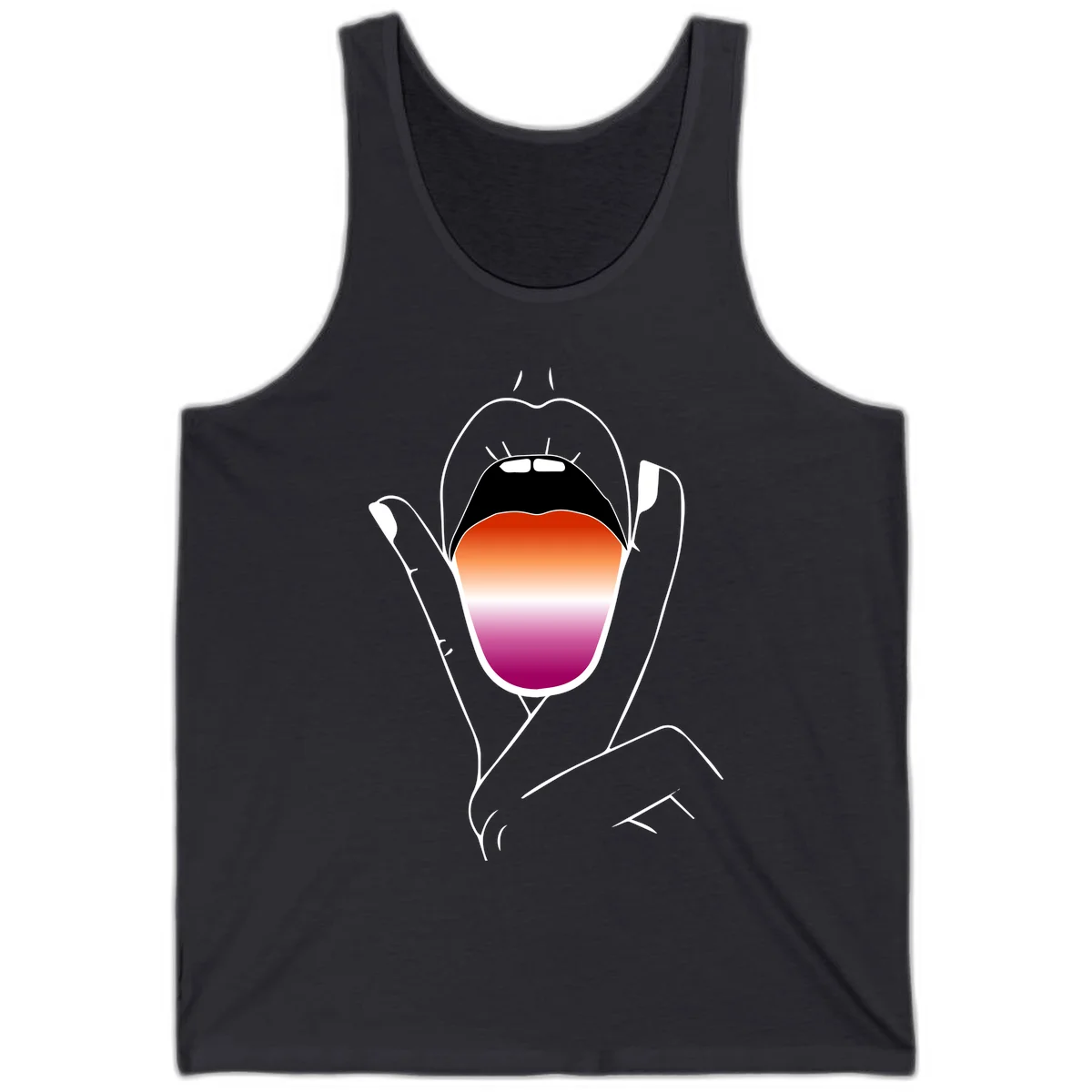 Minimalist line art of an open mouth with pride flag gradient colors, framed by hands with expressive details in Dark Grey