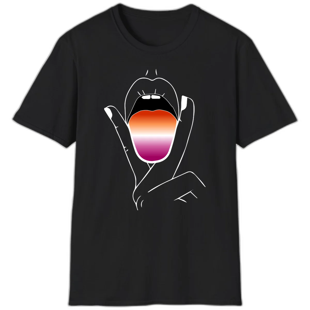 Minimalist line art of an open mouth with pride flag gradient colors, framed by hands with expressive details in Black