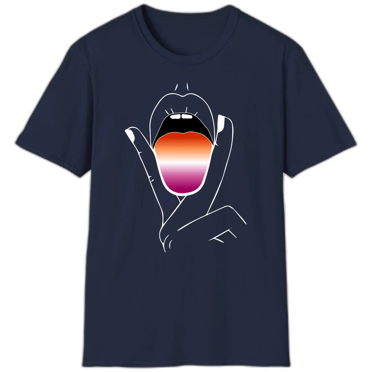 Minimalist line art of an open mouth with pride flag gradient colors, framed by hands with expressive details in Navy