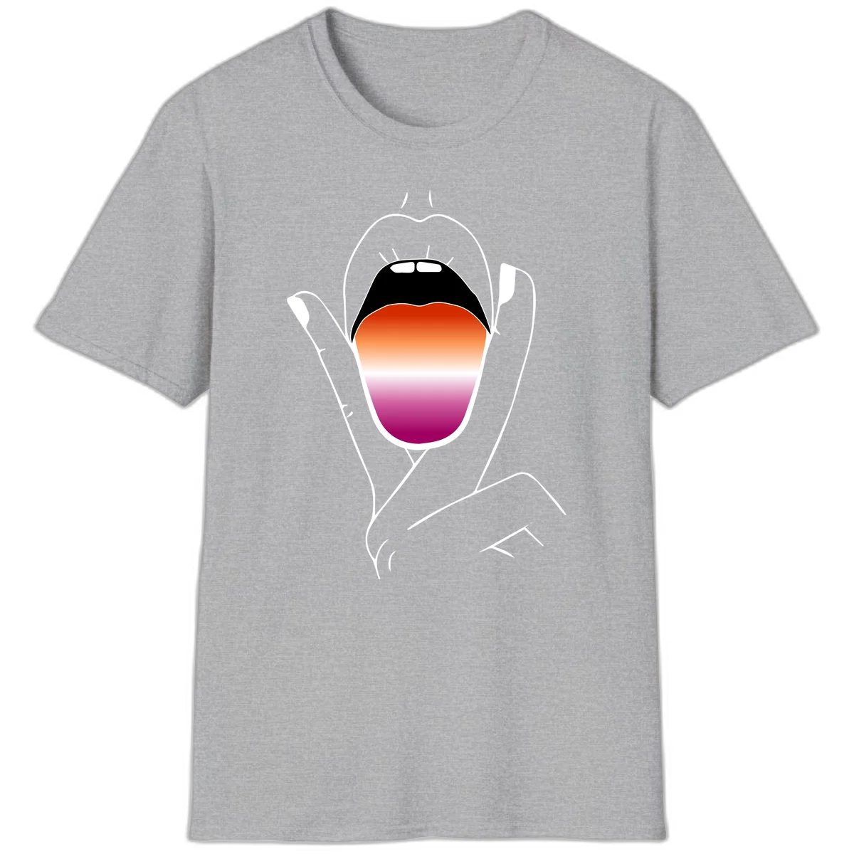 Minimalist line art of an open mouth with pride flag gradient colors, framed by hands with expressive details in Sport Grey