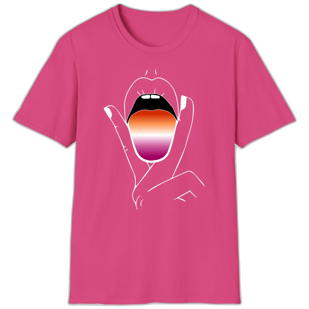 Minimalist line art of an open mouth with pride flag gradient colors, framed by hands with expressive details in Heliconia