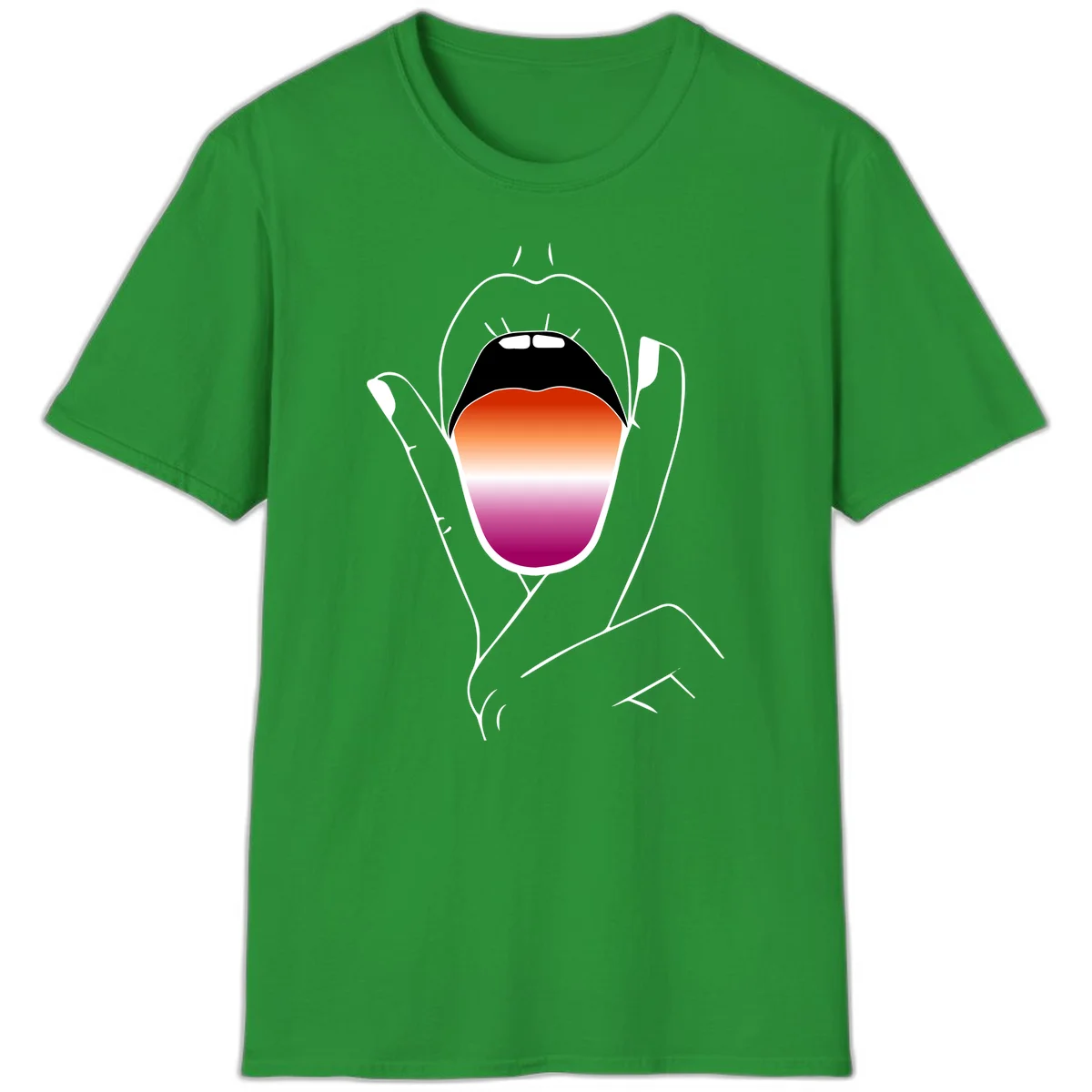 Minimalist line art of an open mouth with pride flag gradient colors, framed by hands with expressive details in Irish Green