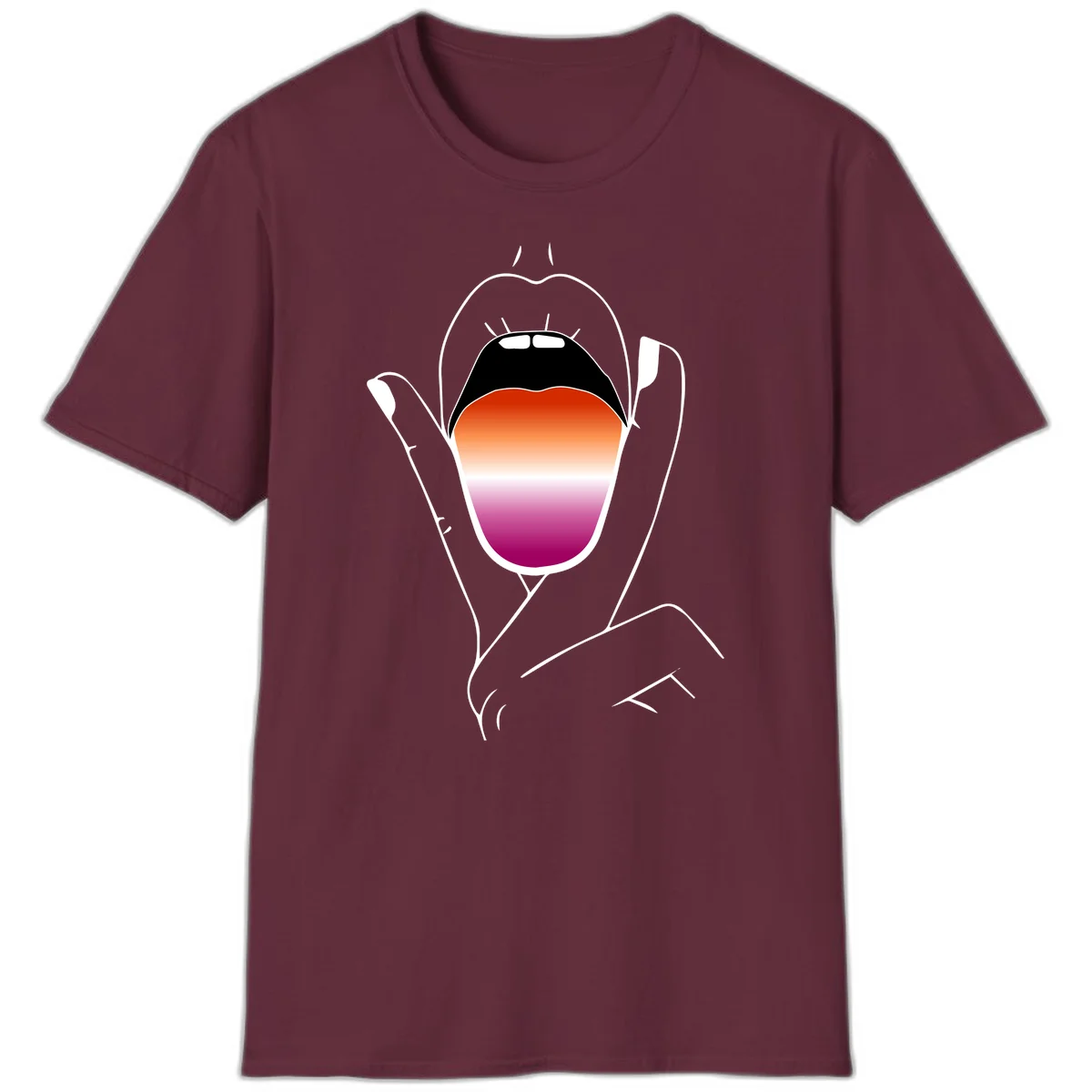 Minimalist line art of an open mouth with pride flag gradient colors, framed by hands with expressive details in Maroon