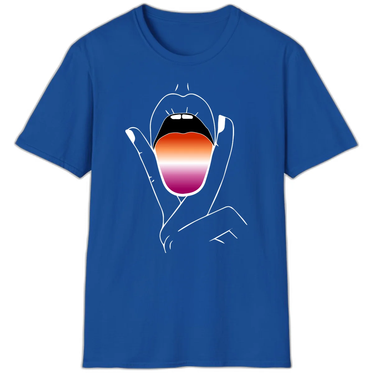 Minimalist line art of an open mouth with pride flag gradient colors, framed by hands with expressive details in Royal