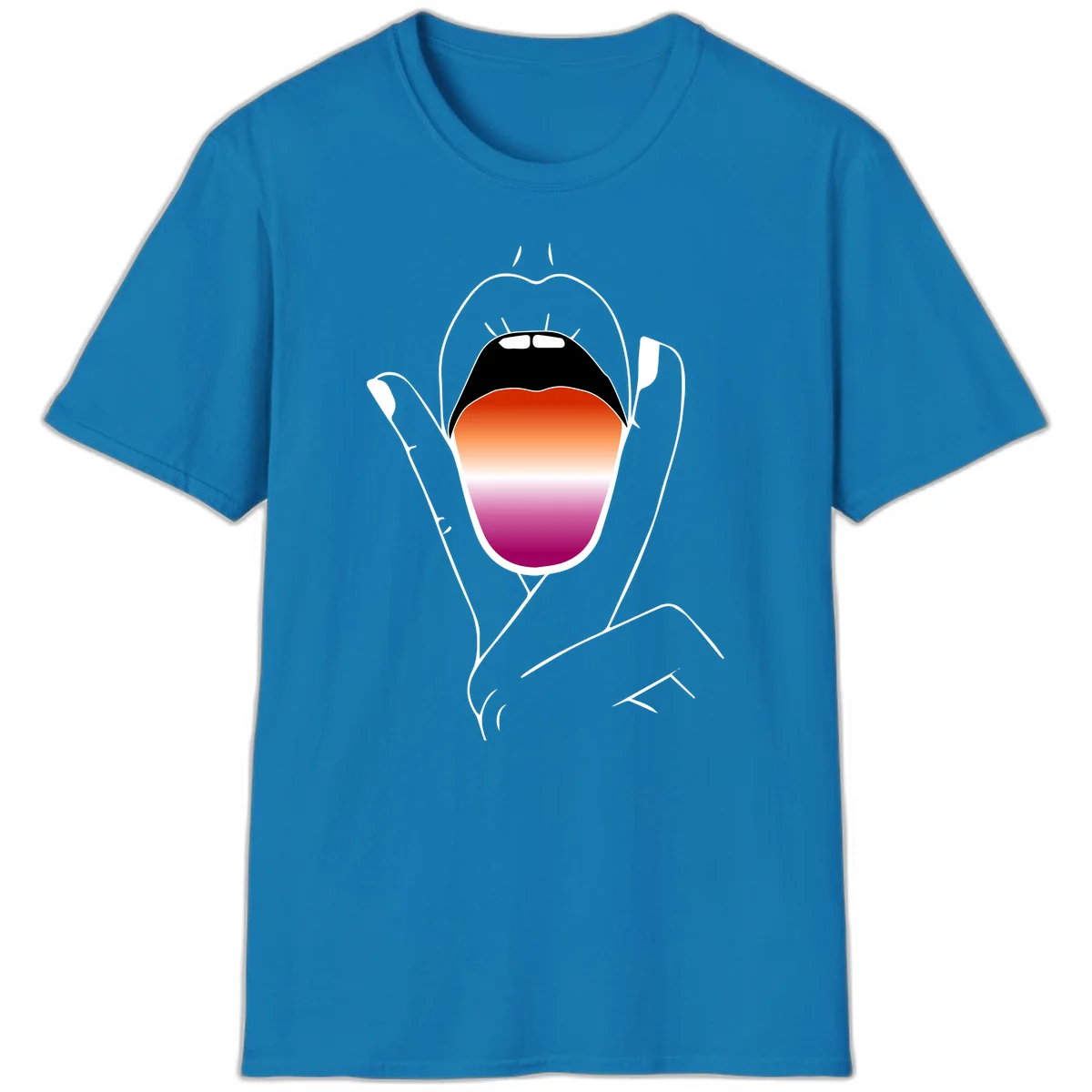 Minimalist line art of an open mouth with pride flag gradient colors, framed by hands with expressive details in Sapphire