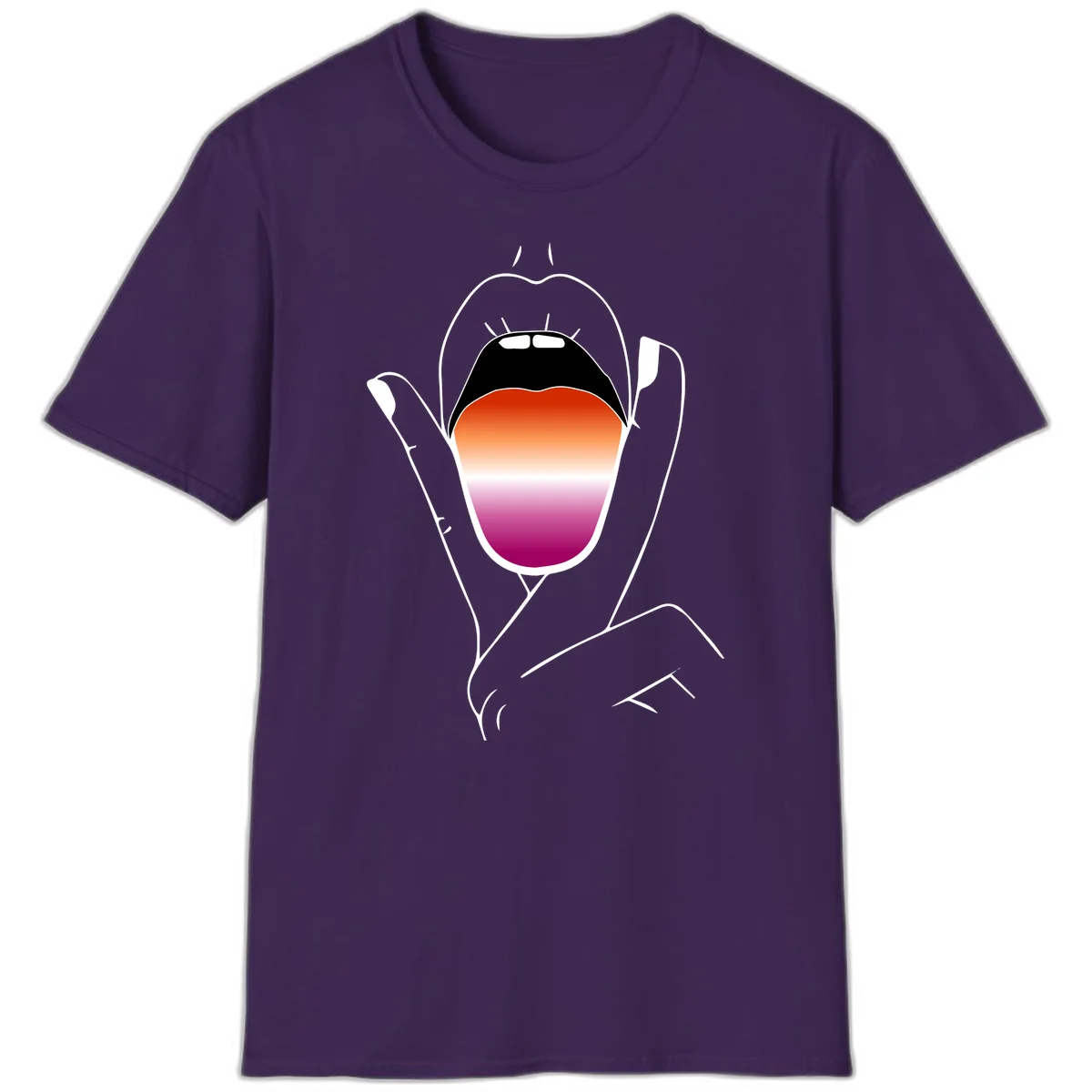 Minimalist line art of an open mouth with pride flag gradient colors, framed by hands with expressive details in Purple