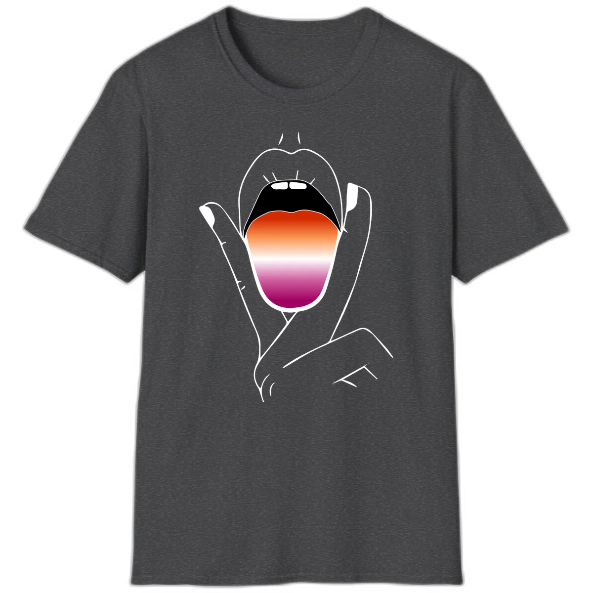 Minimalist line art of an open mouth with pride flag gradient colors, framed by hands with expressive details in Dark Heather