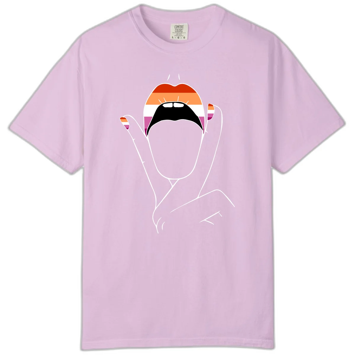 Illustration of woman's face with raised hands in lesbian pride flag colors - red, orange, white, pink, magenta stripes in Orchid