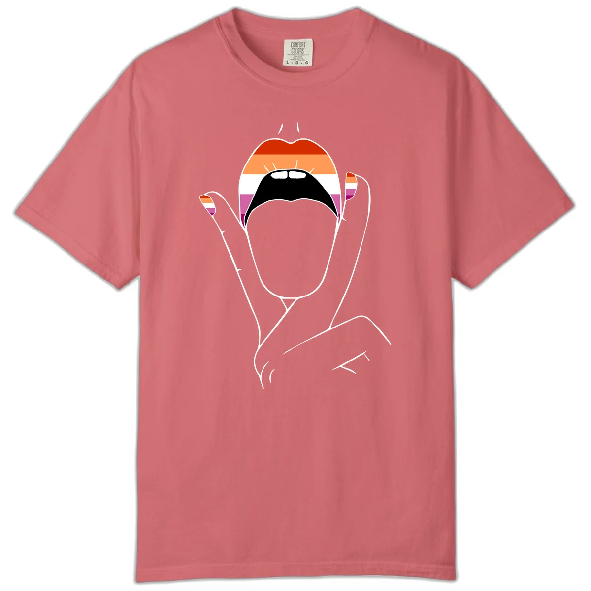 Illustration of woman's face with raised hands in lesbian pride flag colors - red, orange, white, pink, magenta stripes in Watermelon